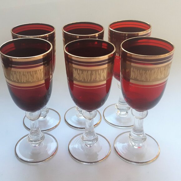 VTG Wine/Sherry Cordial Glasses Ruby Red Gilded with Clear Stem 1950s Set of 6 - Picture 2 of 12